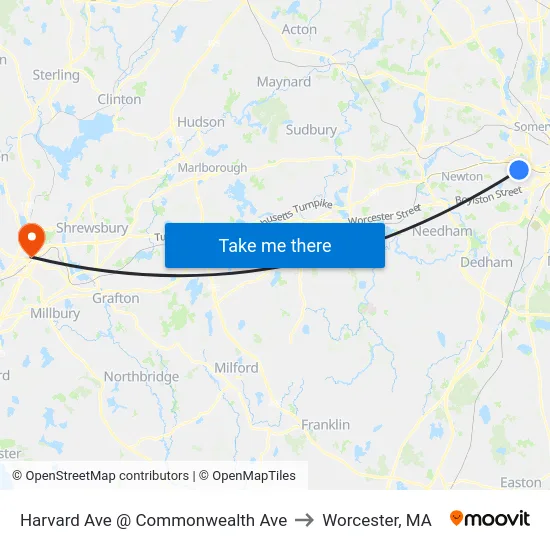 Harvard Ave @ Commonwealth Ave to Worcester, MA map