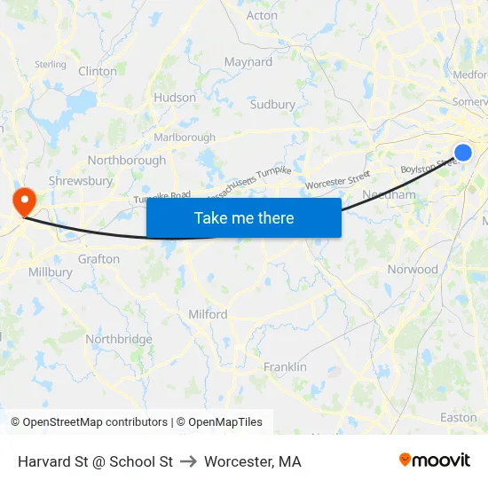 Harvard St @ School St to Worcester, MA map