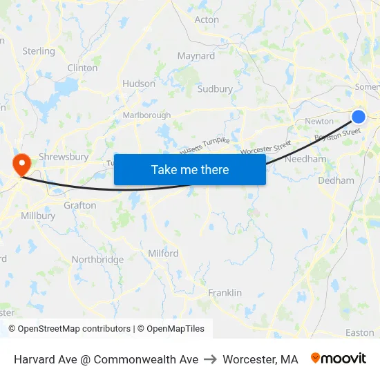 Harvard Ave @ Commonwealth Ave to Worcester, MA map