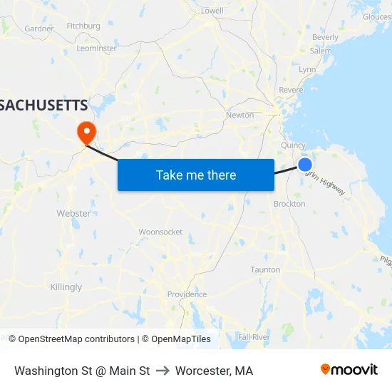 Washington St @ Main St to Worcester, MA map