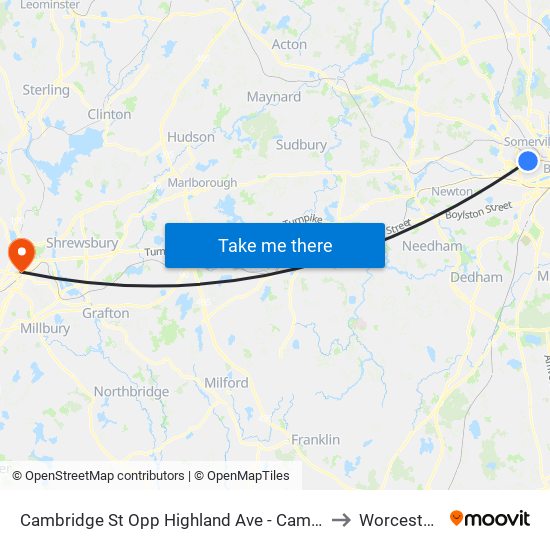 Cambridge St Opp Highland Ave - Cambridge Hospital to Worcester, MA map