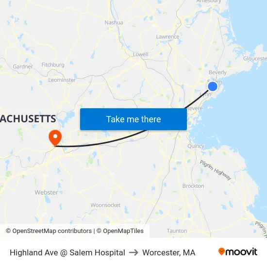 Highland Ave @ Salem Hospital to Worcester, MA map