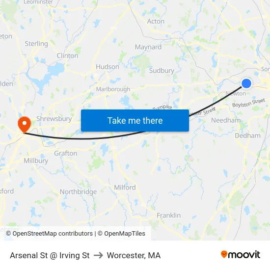 Arsenal St @ Irving St to Worcester, MA map