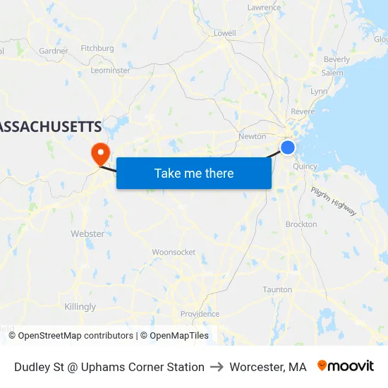 Dudley St @ Uphams Corner Station to Worcester, MA map