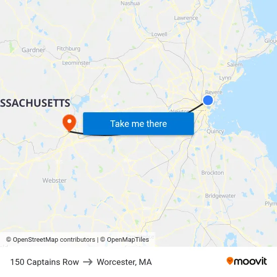 150 Captains Row to Worcester, MA map