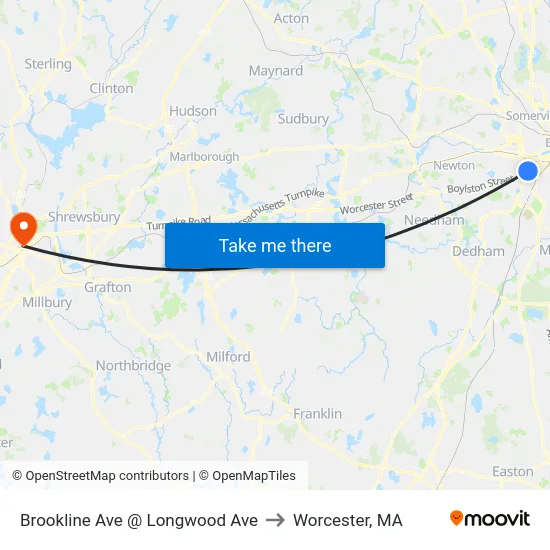 Brookline Ave @ Longwood Ave to Worcester, MA map