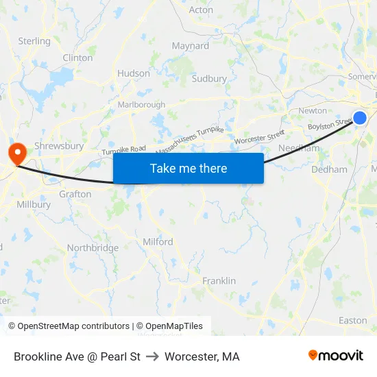 Brookline Ave @ Pearl St to Worcester, MA map