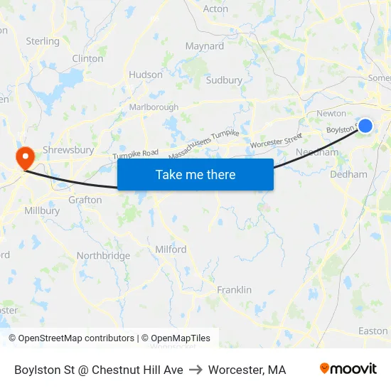 Boylston St @ Chestnut Hill Ave to Worcester, MA map