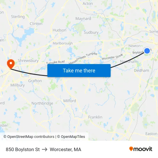 850 Boylston St to Worcester, MA map