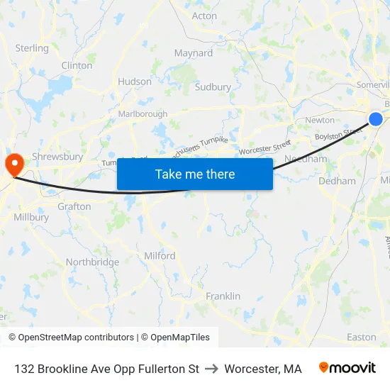 132 Brookline Ave Opp Fullerton St to Worcester, MA map