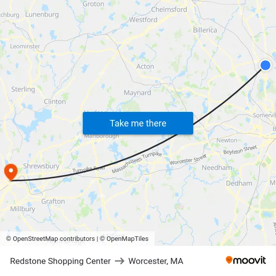 Redstone Shopping Center to Worcester, MA map