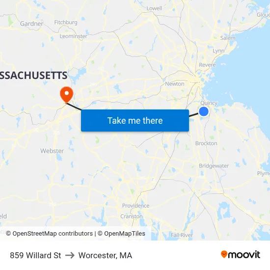 859 Willard St to Worcester, MA map