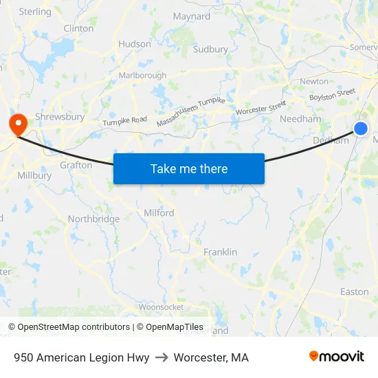 950 American Legion Hwy to Worcester, MA map
