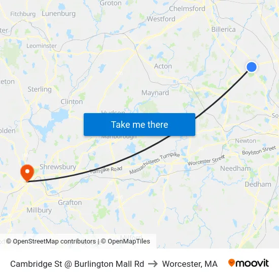 Cambridge St @ Burlington Mall Rd to Worcester, MA map