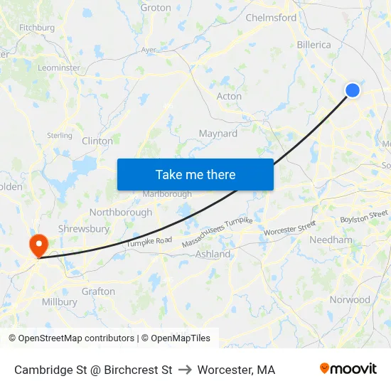 Cambridge St @ Birchcrest St to Worcester, MA map