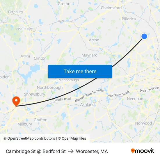 Cambridge St @ Bedford St to Worcester, MA map