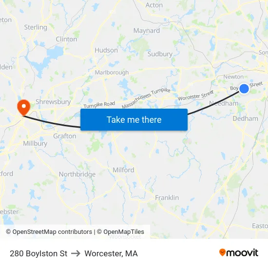 280 Boylston St to Worcester, MA map