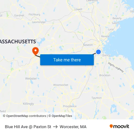 Blue Hill Ave @ Paxton St to Worcester, MA map