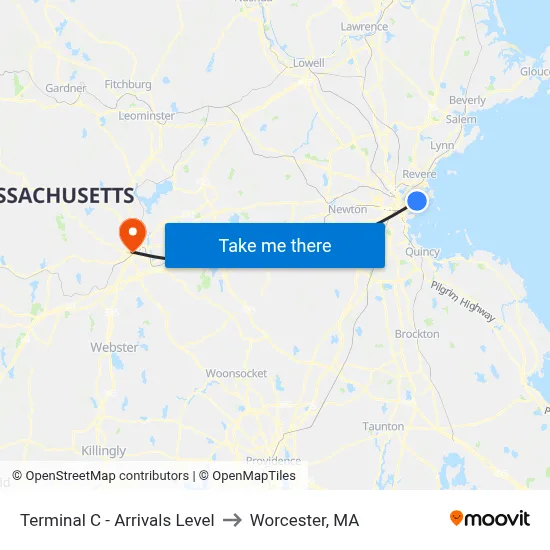 Terminal C - Arrivals Level to Worcester, MA map
