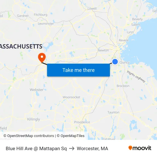 Blue Hill Ave @ Mattapan Sq to Worcester, MA map