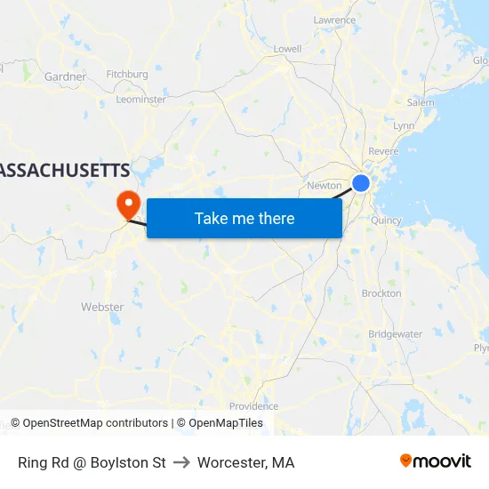 Ring Rd @ Boylston St to Worcester, MA map