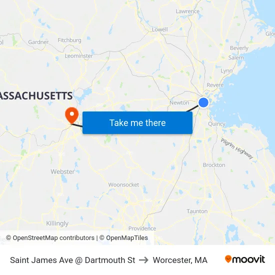 Saint James Ave @ Dartmouth St to Worcester, MA map