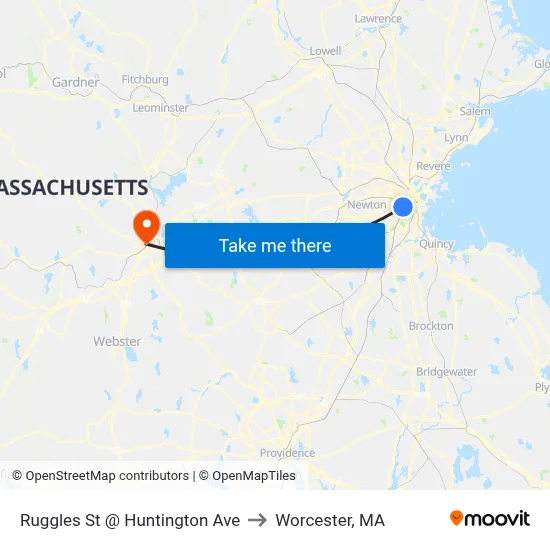 Ruggles St @ Huntington Ave to Worcester, MA map