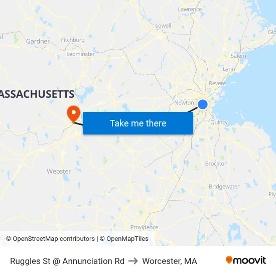 Ruggles St @ Annunciation Rd to Worcester, MA map