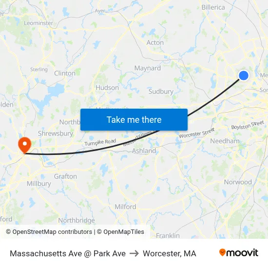 Massachusetts Ave @ Park Ave to Worcester, MA map