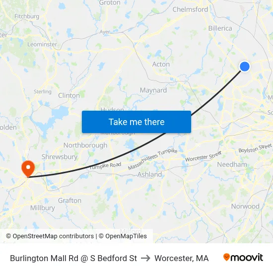 Burlington Mall Rd @ S Bedford St to Worcester, MA map