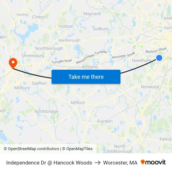 Independence Dr @ Hancock Woods to Worcester, MA map