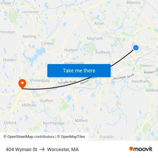 404 Wyman St to Worcester, MA map