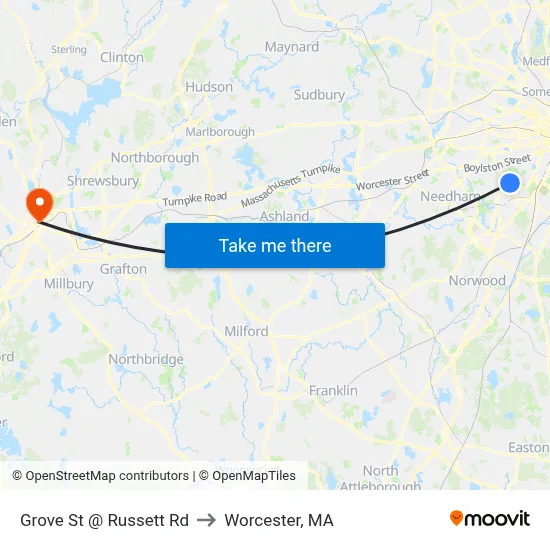 Grove St @ Russett Rd to Worcester, MA map