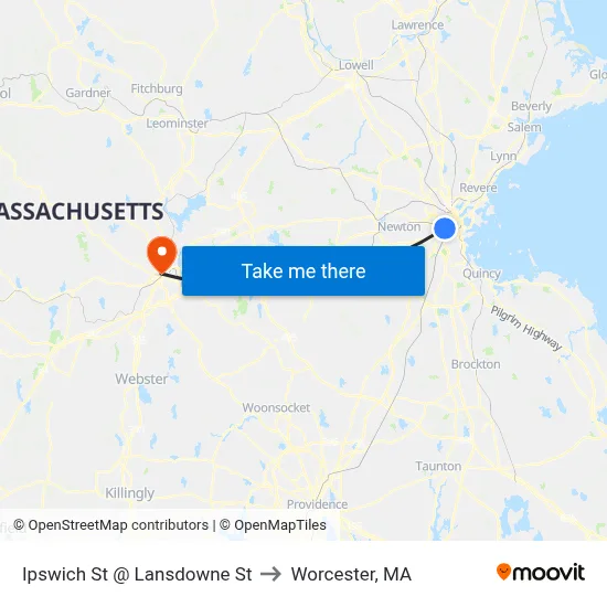 Ipswich St @ Lansdowne St to Worcester, MA map