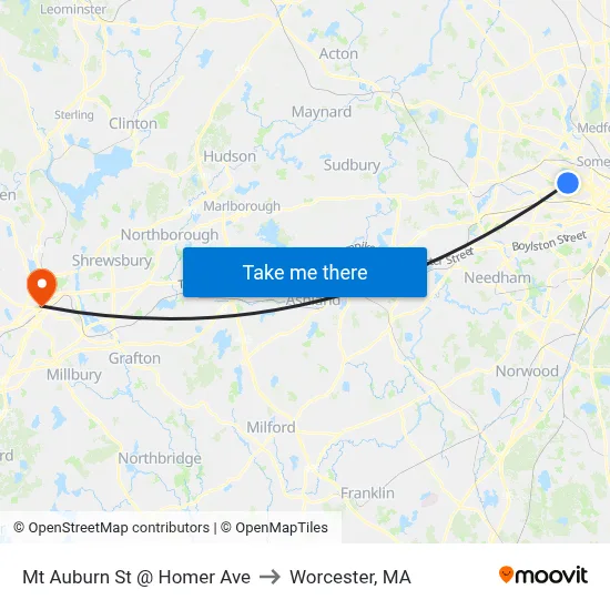 Mt Auburn St @ Homer Ave to Worcester, MA map