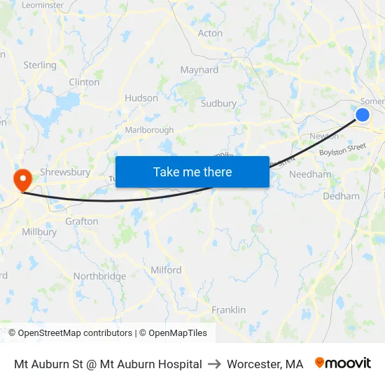 Mt Auburn St @ Mt Auburn Hospital to Worcester, MA map