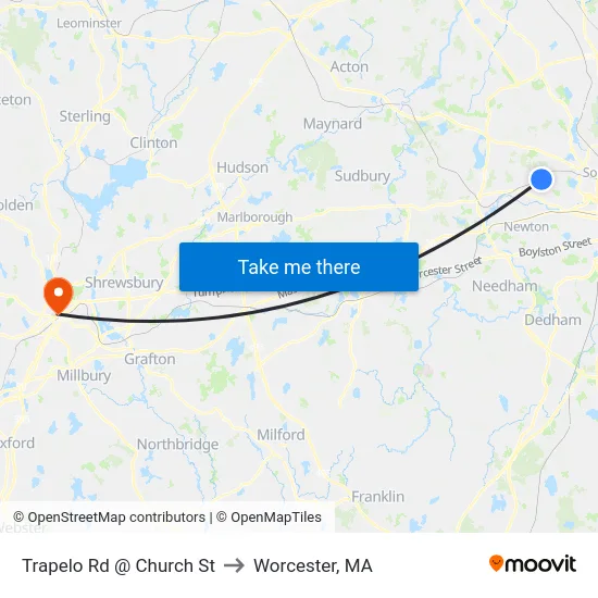 Trapelo Rd @ Church St to Worcester, MA map