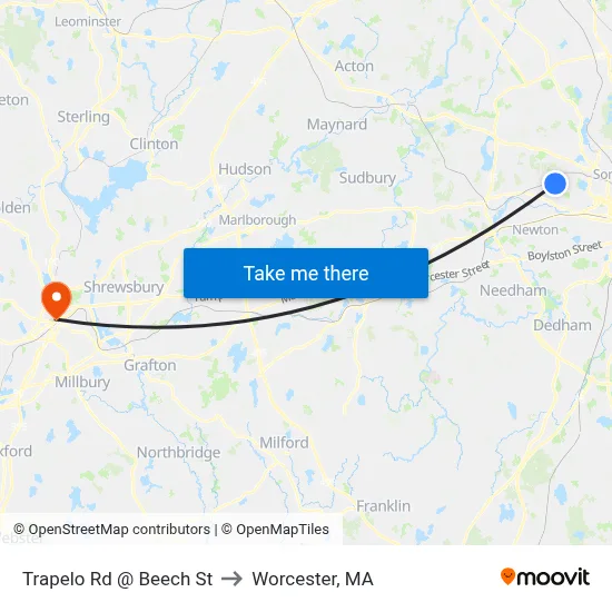 Trapelo Rd @ Beech St to Worcester, MA map