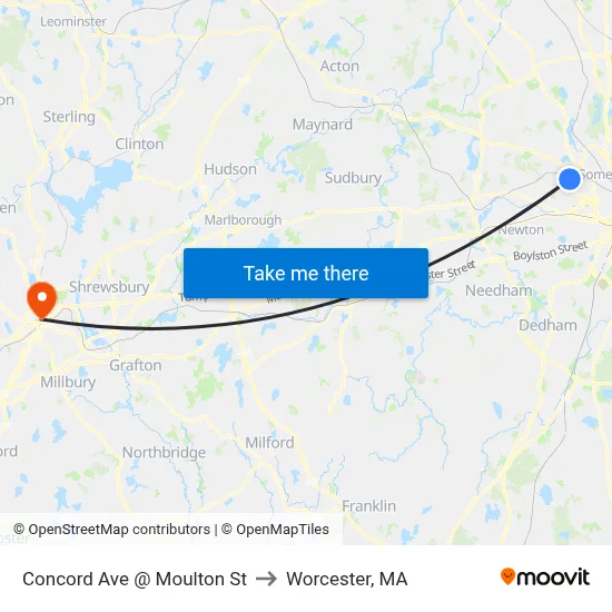 Concord Ave @ Moulton St to Worcester, MA map