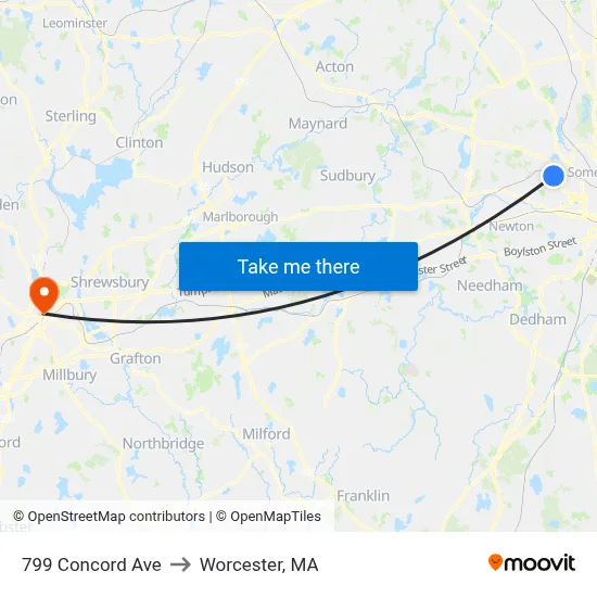 799 Concord Ave to Worcester, MA map