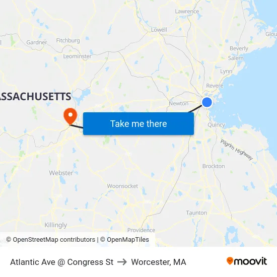 Atlantic Ave @ Congress St to Worcester, MA map