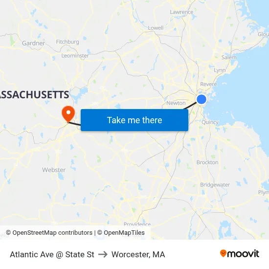 Atlantic Ave @ State St to Worcester, MA map