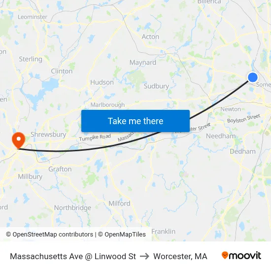 Massachusetts Ave @ Linwood St to Worcester, MA map