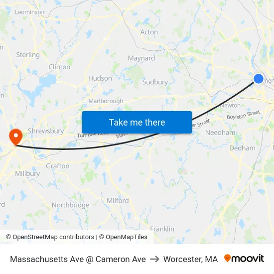 Massachusetts Ave @ Cameron Ave to Worcester, MA map