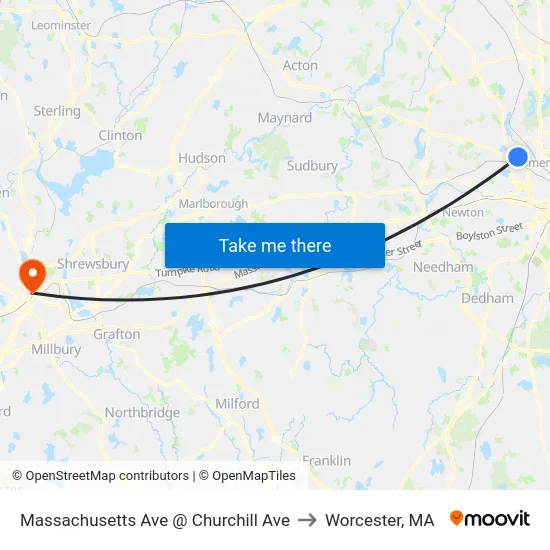 Massachusetts Ave @ Churchill Ave to Worcester, MA map
