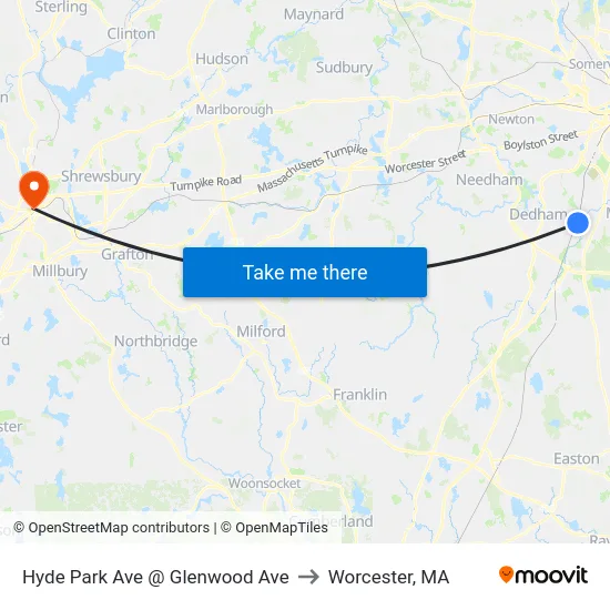 Hyde Park Ave @ Glenwood Ave to Worcester, MA map