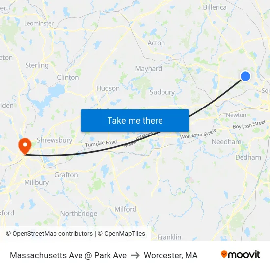 Massachusetts Ave @ Park Ave to Worcester, MA map