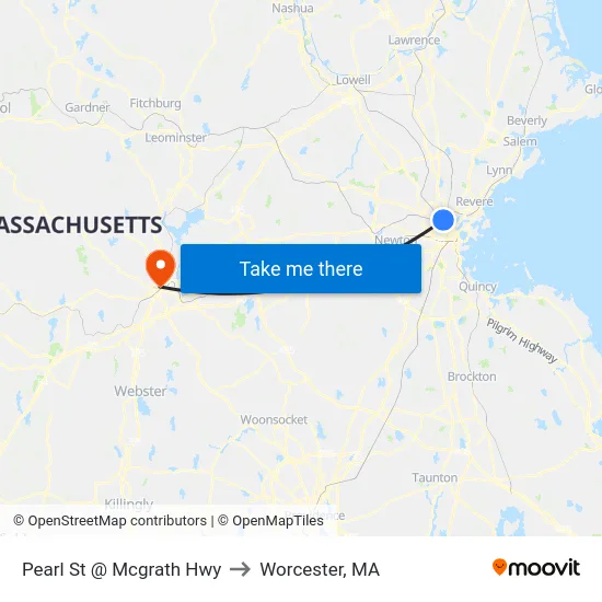 Pearl St @ Mcgrath Hwy to Worcester, MA map
