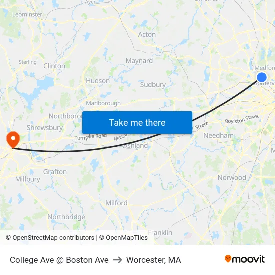 College Ave @ Boston Ave to Worcester, MA map