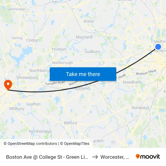 Boston Ave @ College St - Green Line to Worcester, MA map